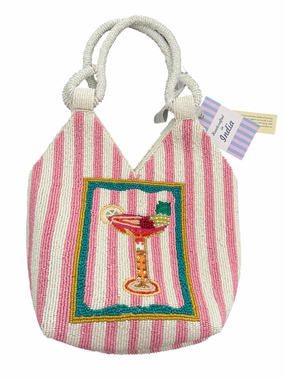 VIRAL NEW Handcrafted in India Pink & White Striped Beaded Tote W/Cocktail Motif